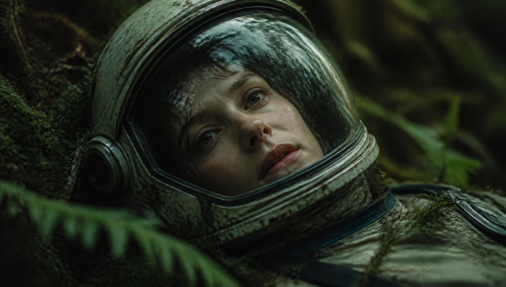 Cinematic still of an astronaut resting in dense green foliage